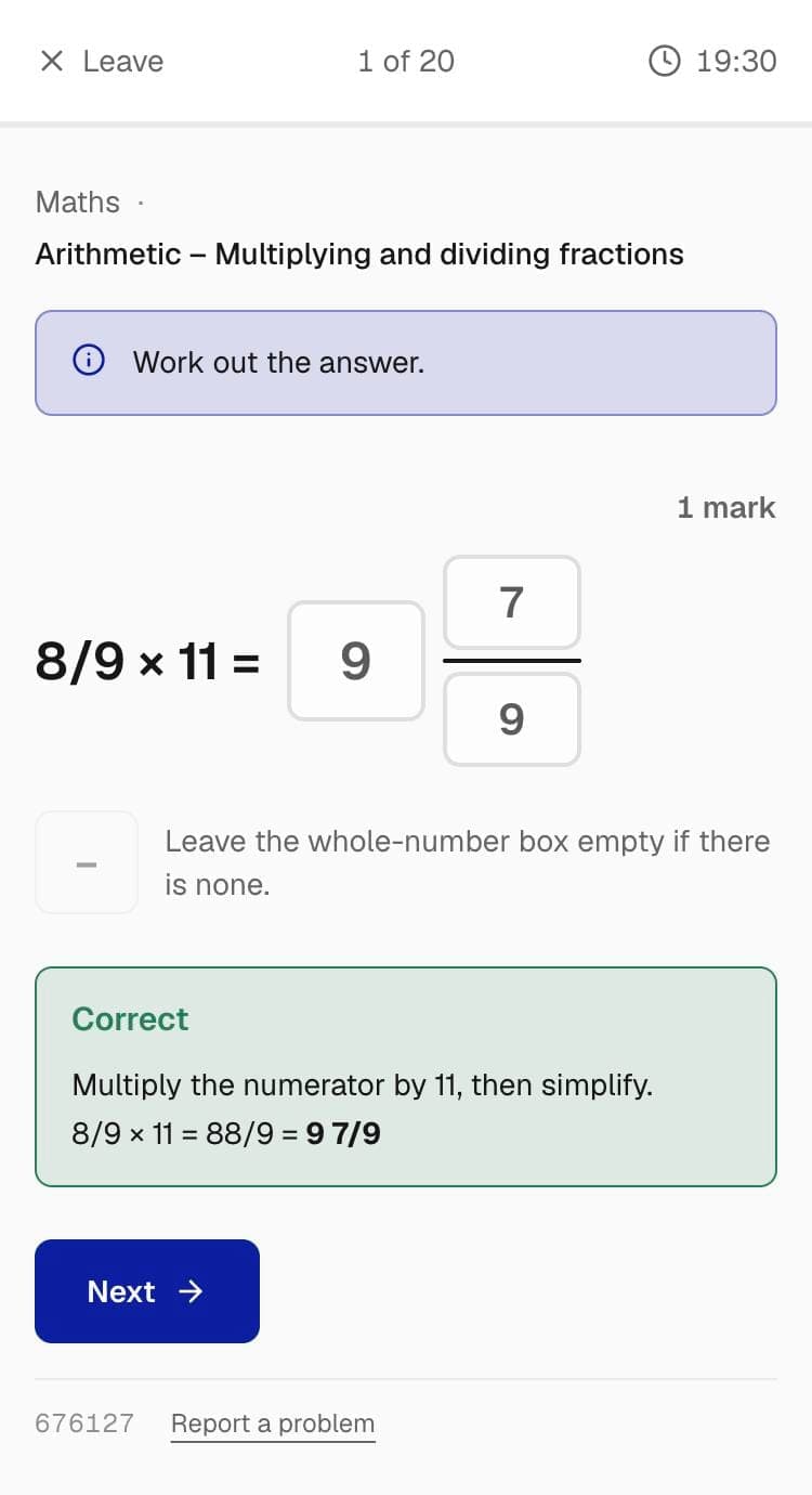 CHATT+ on a phone: a SATs arithmetic question, 8/9 × 11, answered 9 7/9 in the typed boxes and marked correct, with the working shown.
